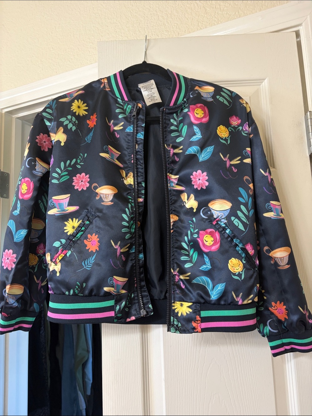 Disney Kids Floral Tea-Print Puffer Jacket - Black with Pink & Green Trim